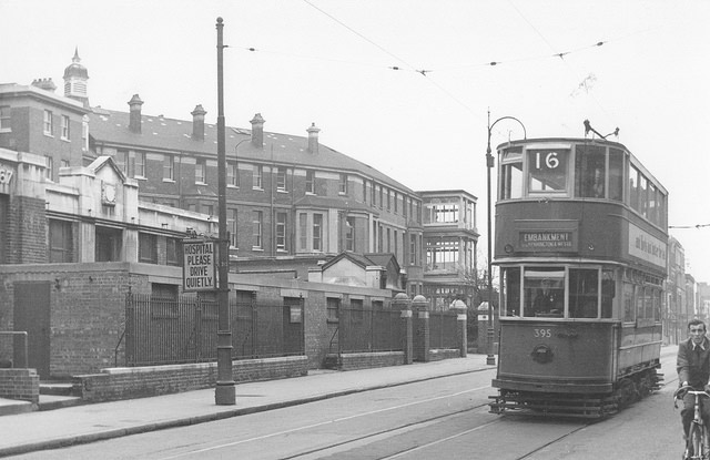 Tram passing old Croydon Hospital